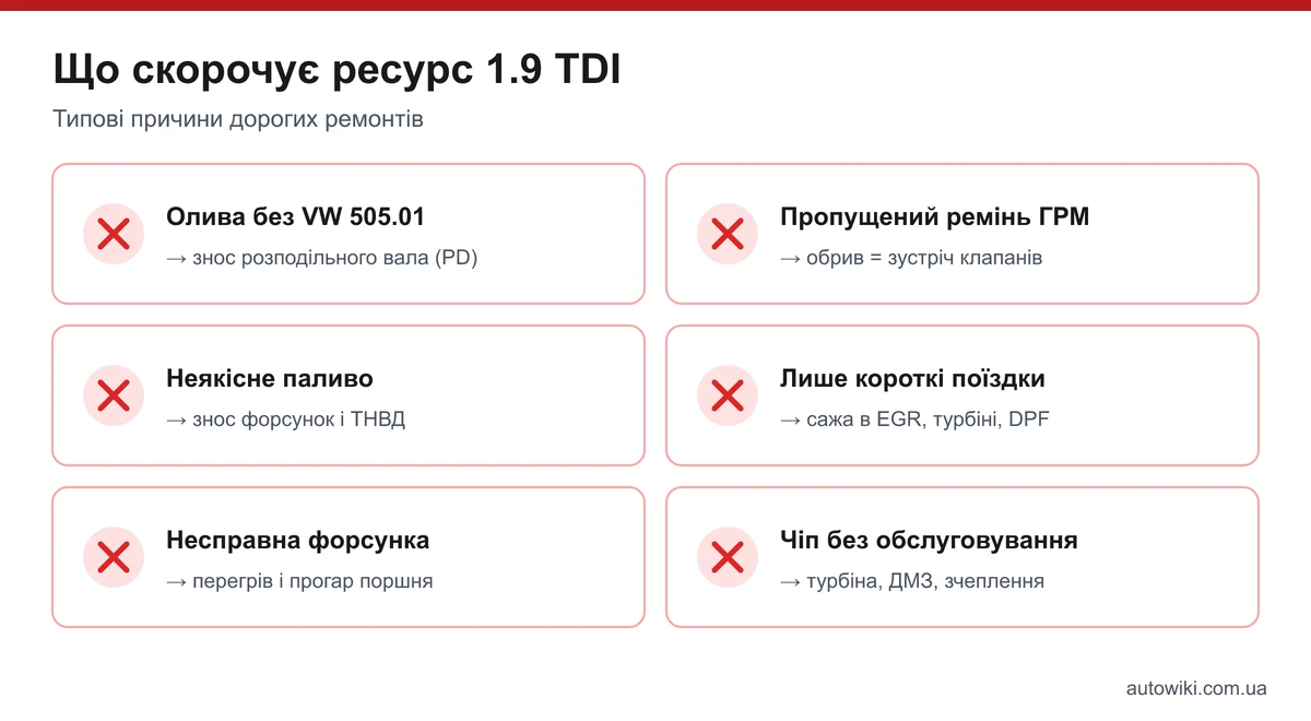 Інфографіка: що скорочує ресурс двигуна 1.9 TDI — олива, ремінь ГРМ, паливо, короткі поїздки, форсунки, чіп-тюнінг
