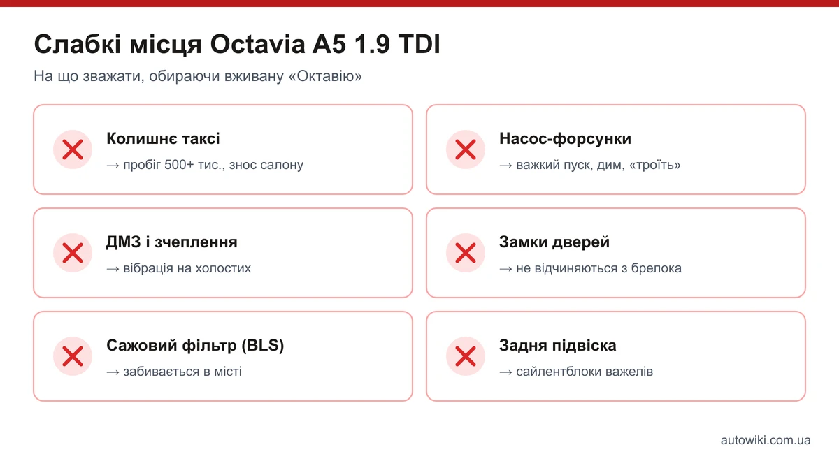 Інфографіка: слабкі місця Skoda Octavia A5 1.9 TDI — таксі, форсунки, ДМЗ, замки дверей, сажовий фільтр, задня підвіска