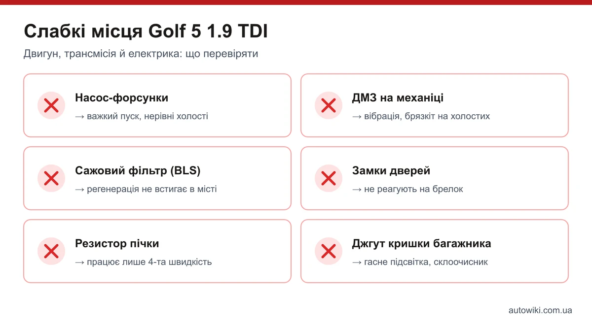 Інфографіка: слабкі місця Golf 5 1.9 TDI — форсунки, ДМЗ, сажовий фільтр, замки дверей, резистор пічки, джгут кришки багажника
